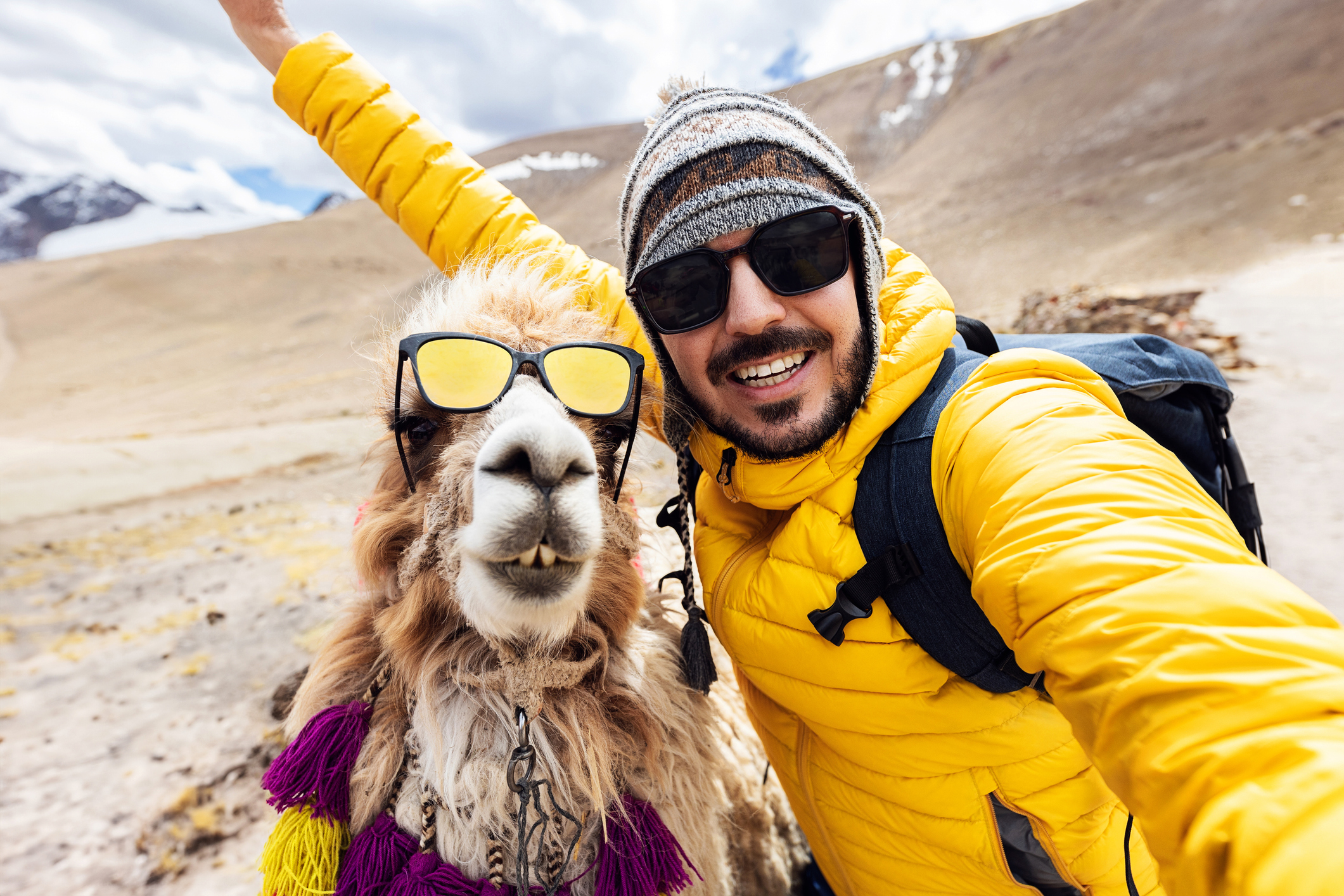 Viajero se toma selfie con una llama durante su viaje por Año Nuevo en Perú